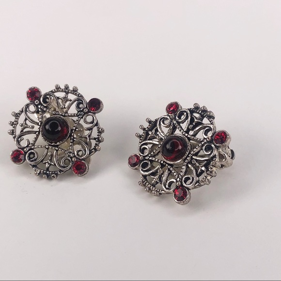 Vintage Y2K Clip On Earrings Red Gem Silver Gothic - Picture 8 of 11